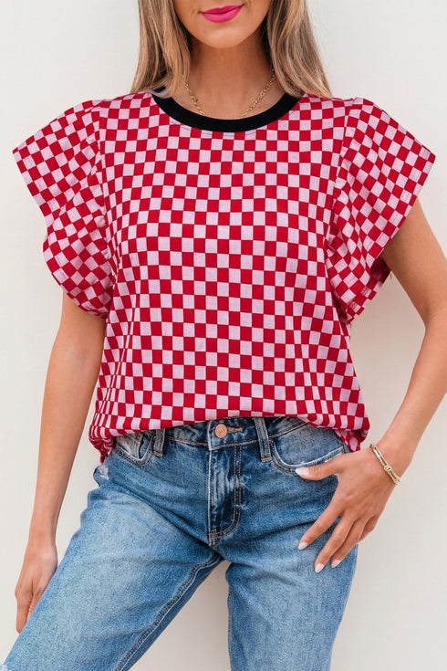 Checkered Print Ruffle Short Sleeve Round Neck Top