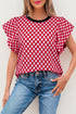 Checkered Print Ruffle Short Sleeve Round Neck Top