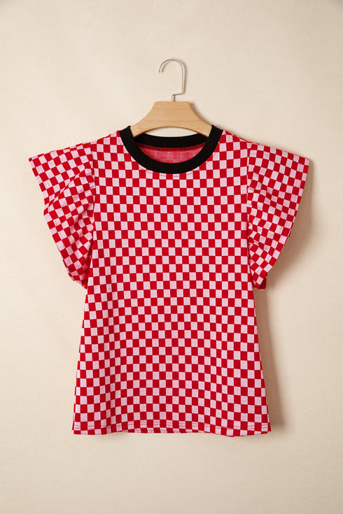 Checkered Print Ruffle Short Sleeve Round Neck Top