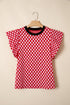 Checkered Print Ruffle Short Sleeve Round Neck Top