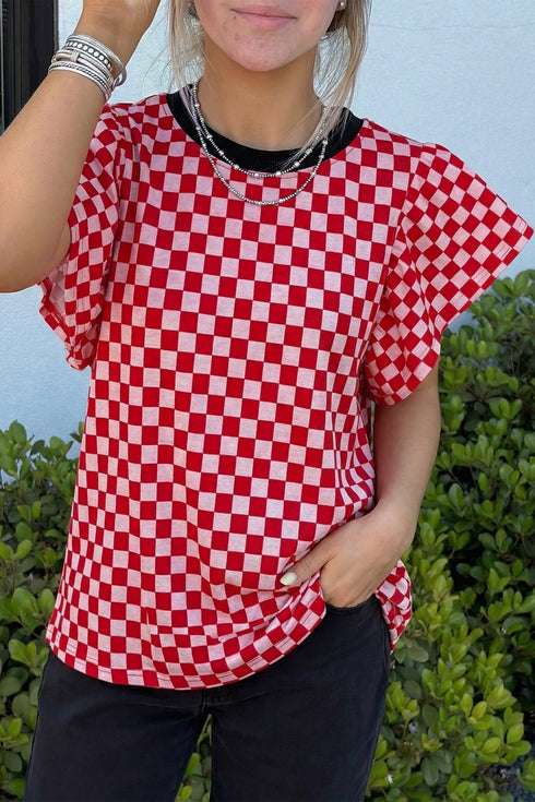 Checkered Print Ruffle Short Sleeve Round Neck Top