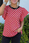 Checkered Print Ruffle Short Sleeve Round Neck Top