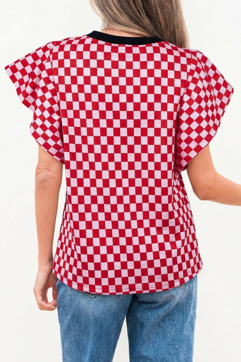 Checkered Print Ruffle Short Sleeve Round Neck Top