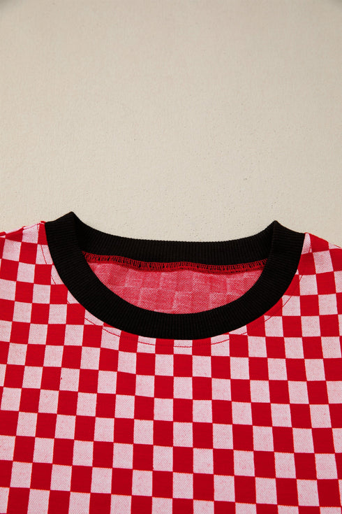 Checkered Print Ruffle Short Sleeve Round Neck Top