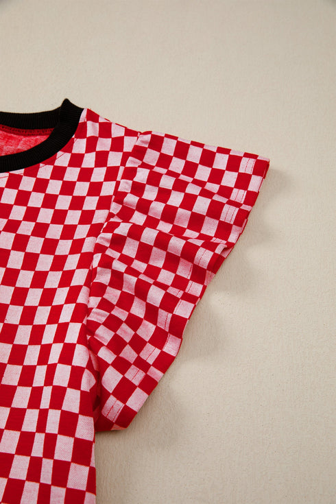 Checkered Print Ruffle Short Sleeve Round Neck Top