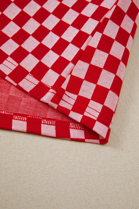 Checkered Print Ruffle Short Sleeve Round Neck Top