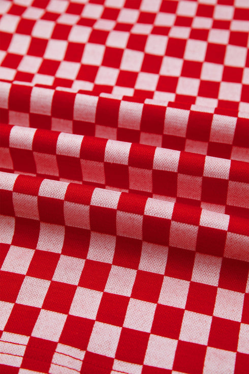 Checkered Print Ruffle Short Sleeve Round Neck Top