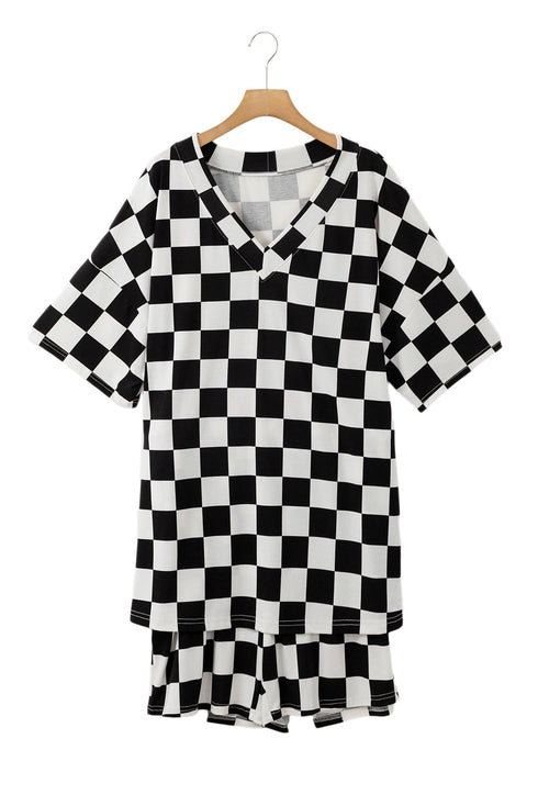 Checkered Print Two Piece Tee And Shorts Loungewear