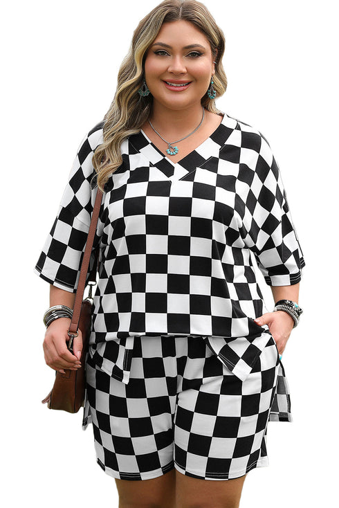 Checkered Print Two Piece Tee And Shorts Loungewear
