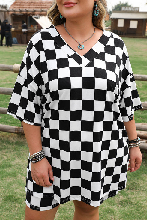 Checkered Print Two Piece Tee And Shorts Loungewear