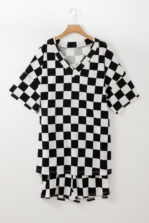 Checkered Print Two Piece Tee And Shorts Loungewear