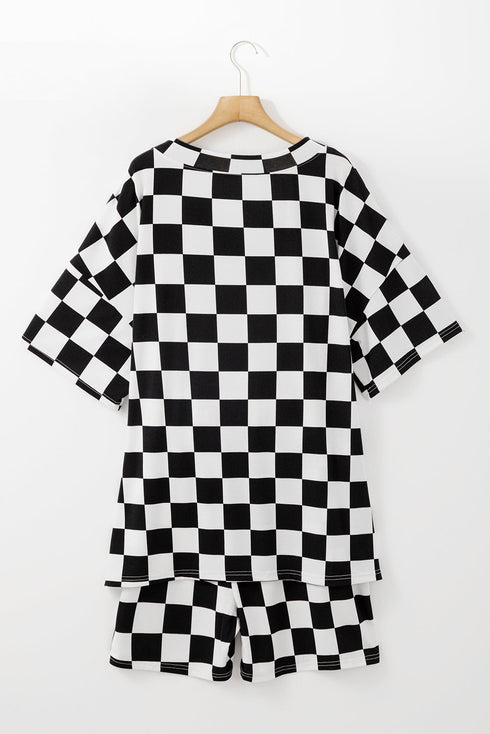 Checkered Print Two Piece Tee And Shorts Loungewear
