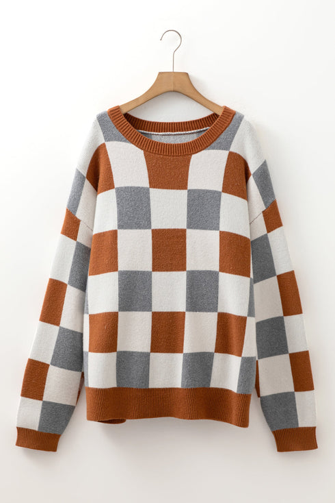 Checkered Print Viscose Blend Knit Crewneck Sweater