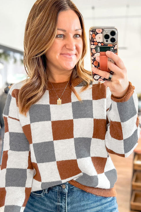 Checkered Print Viscose Blend Knit Crewneck Sweater