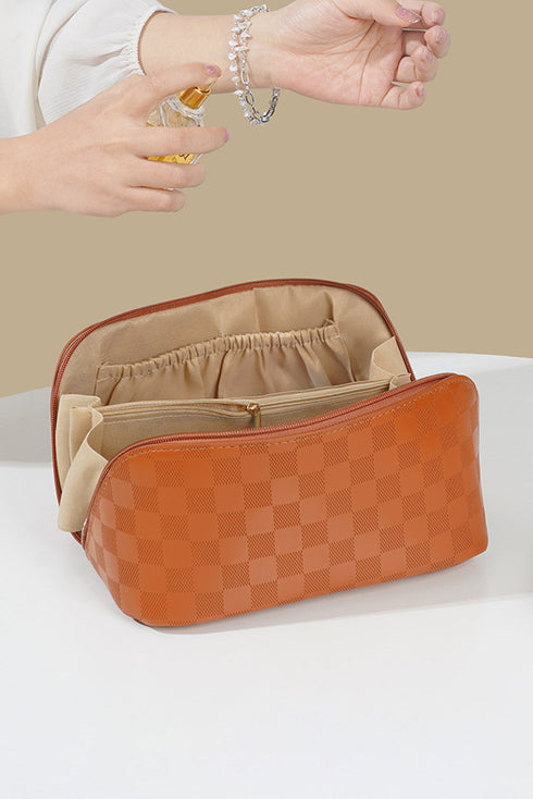 Checkered PU Leather Boxy Travel Makeup Bag With Handle