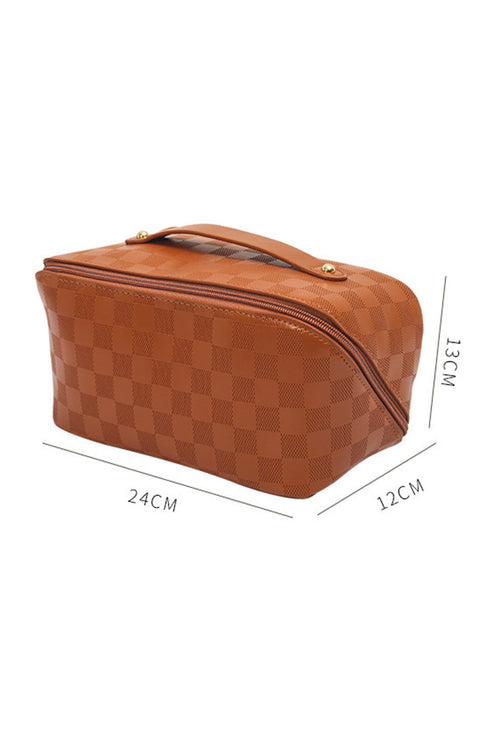 Checkered PU Leather Boxy Travel Makeup Bag With Handle