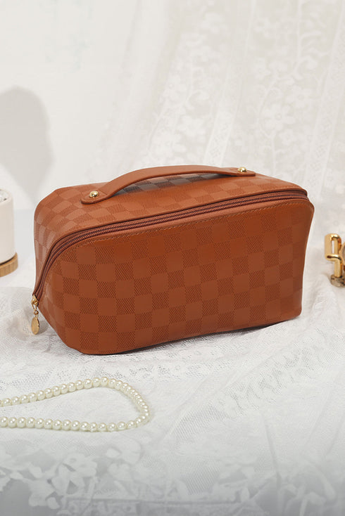 Checkered PU Leather Boxy Travel Makeup Bag With Handle