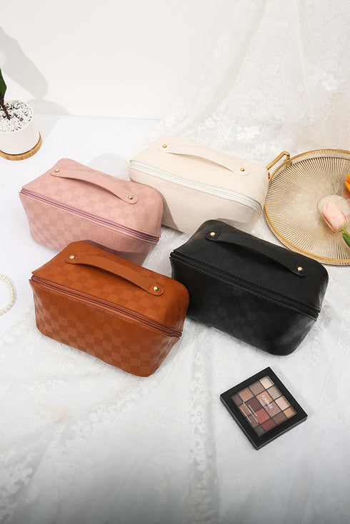 Checkered PU Leather Boxy Travel Makeup Bag With Handle