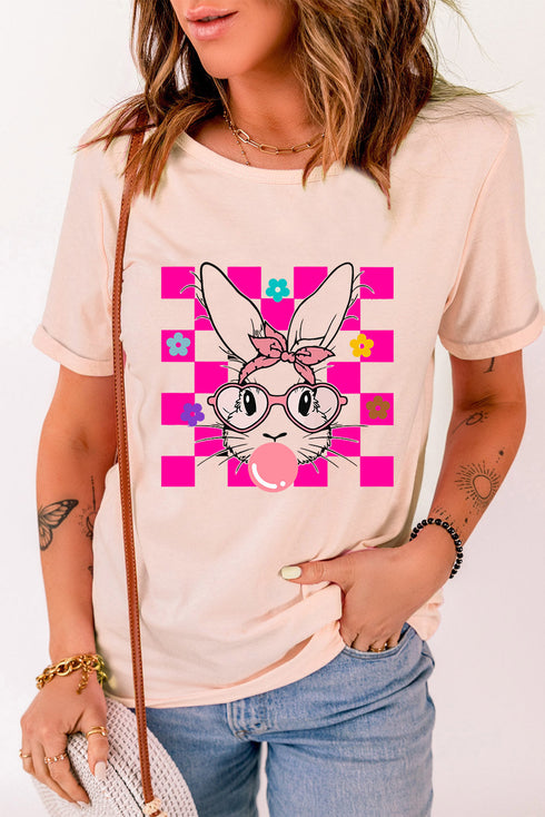 Checkered Rabbit Floral Print Short Sleeve Graphic Tee