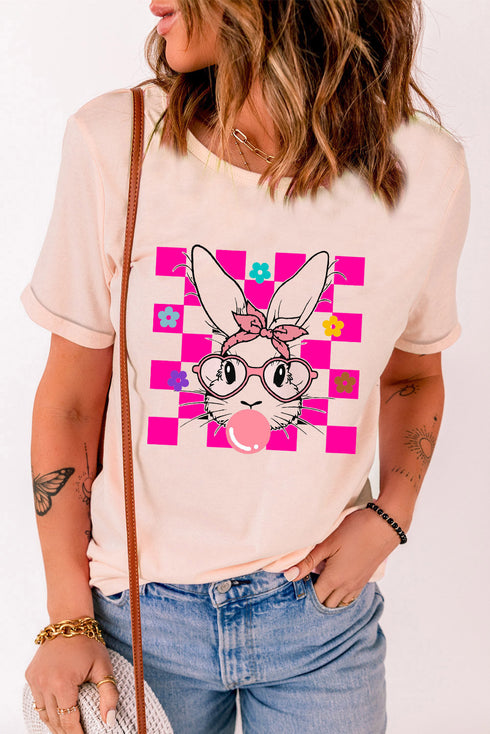 Checkered Rabbit Floral Print Short Sleeve Graphic Tee
