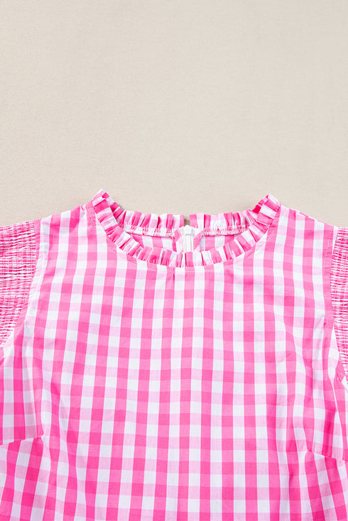 Checkered Ruffled Sleeve Frilled Neck Blouse
