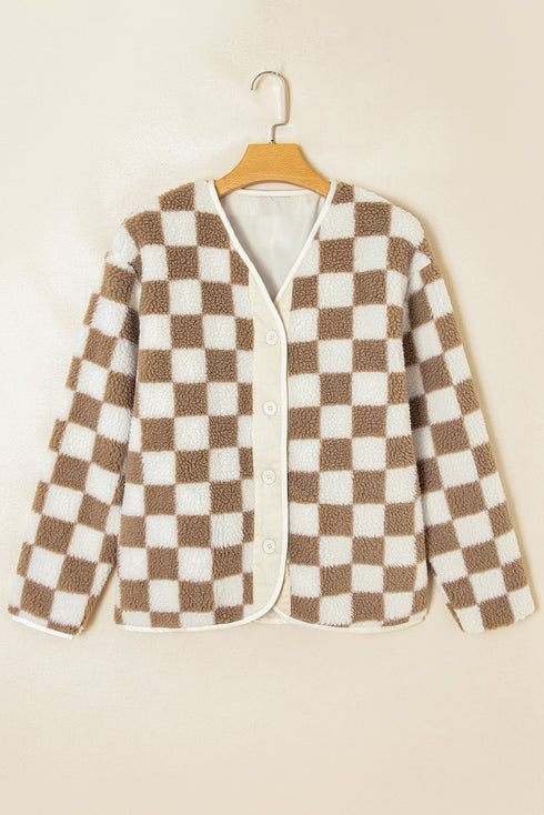 Checkered Sherpa Fleece Button Front Collarless Oversized Jacket