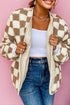 Checkered Sherpa Fleece Button Front Collarless Oversized Jacket