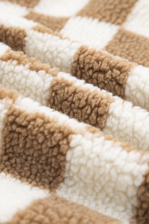 Checkered Sherpa Fleece Button Front Collarless Oversized Jacket