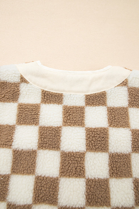 Checkered Sherpa Fleece Button Front Collarless Oversized Jacket