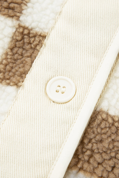 Checkered Sherpa Fleece Button Front Collarless Oversized Jacket