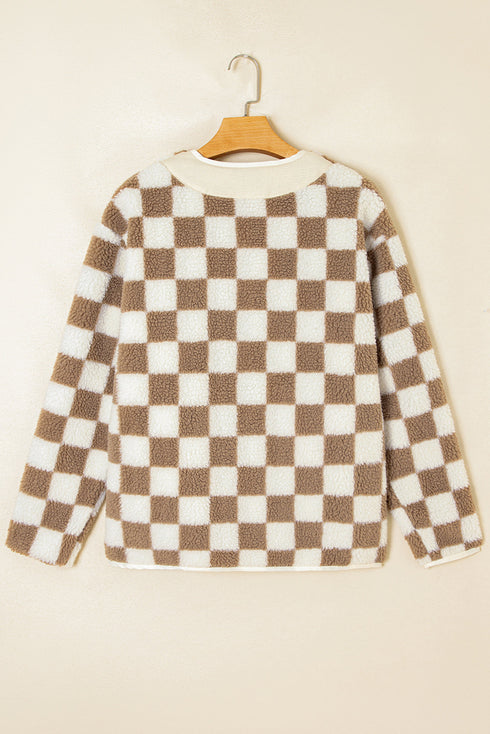 Checkered Sherpa Fleece Button Front Collarless Oversized Jacket