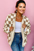 Checkered Sherpa Fleece Button Front Collarless Oversized Jacket