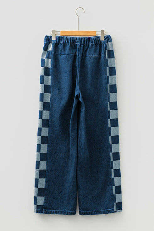 Checkered Side Panel Patchwork Wide Leg Drawstring Jeans