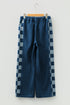 Checkered Side Panel Patchwork Wide Leg Drawstring Jeans