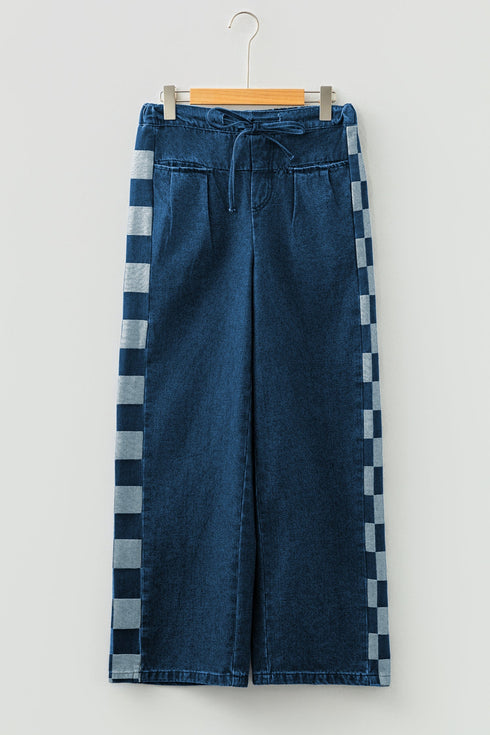 Checkered Side Panel Patchwork Wide Leg Drawstring Jeans