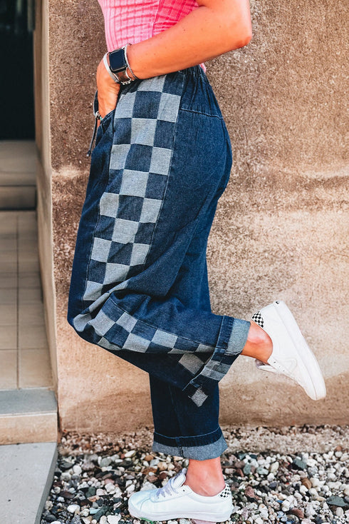 Checkered Side Panel Patchwork Wide Leg Drawstring Jeans
