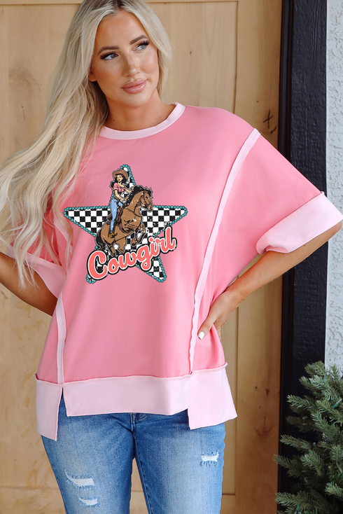 Checkered Star Print Exposed Seam Western Graphic Tee