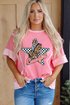 Checkered Star Print Exposed Seam Western Graphic Tee