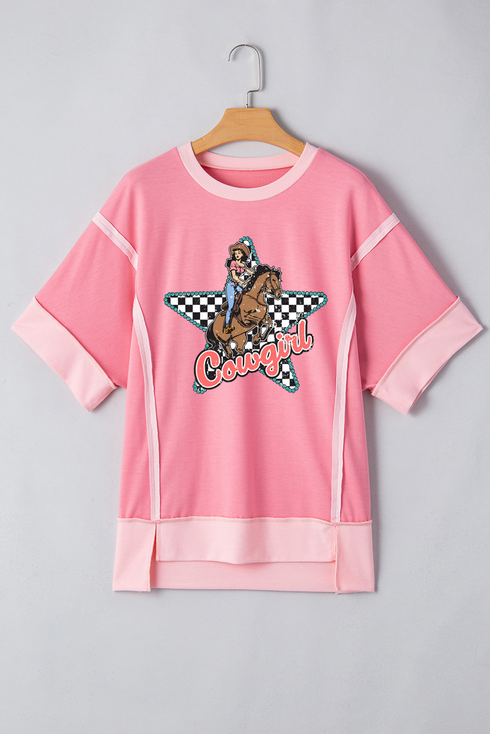 Checkered Star Print Exposed Seam Western Graphic Tee