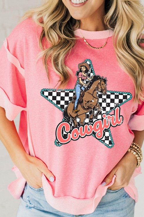 Checkered Star Print Exposed Seam Western Graphic Tee