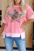 Checkered Star Print Exposed Seam Western Graphic Tee