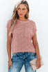Checkered Textured Knit Short Sleeve Pocket Sweater Top