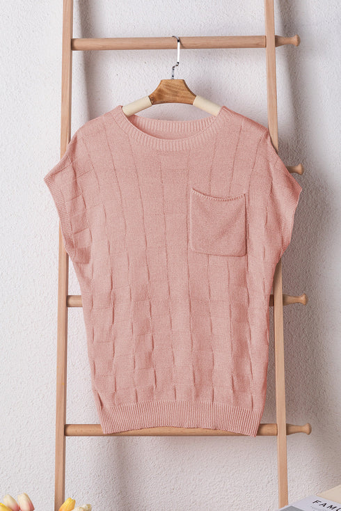 Checkered Textured Knit Short Sleeve Pocket Sweater Top
