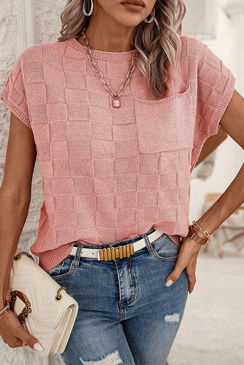 Checkered Textured Knit Short Sleeve Pocket Sweater Top