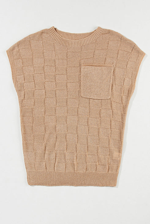Checkered Textured Knit Short Sleeve Pocket Sweater Top