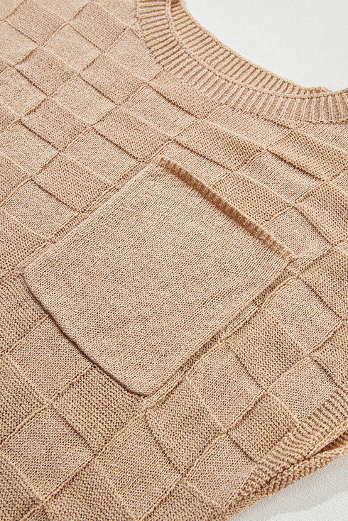 Checkered Textured Knit Short Sleeve Pocket Sweater Top