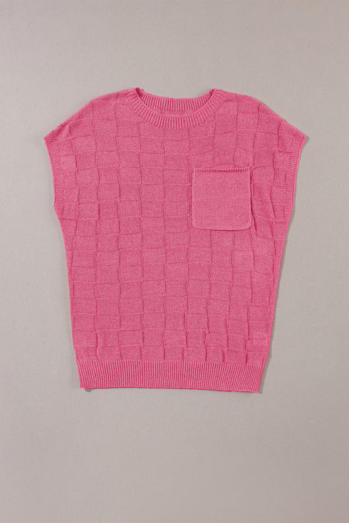 Checkered Textured Knit Short Sleeve Pocket Sweater Top