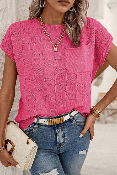 Checkered Textured Knit Short Sleeve Pocket Sweater Top
