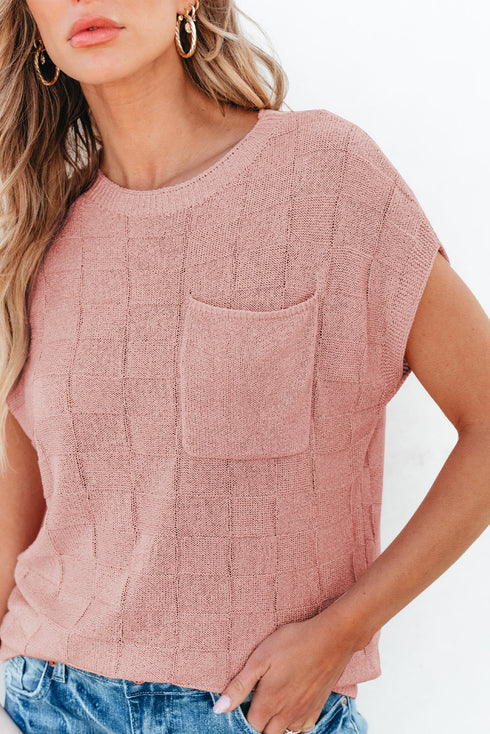 Checkered Textured Knit Short Sleeve Pocket Sweater Top