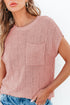 Checkered Textured Knit Short Sleeve Pocket Sweater Top